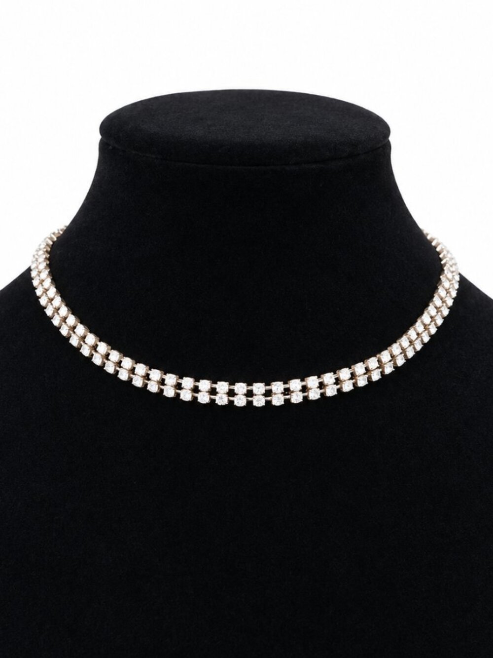 Vintage Unbranded Silver Tone Rhinestone Choker Necklace 16" Double Row Costume